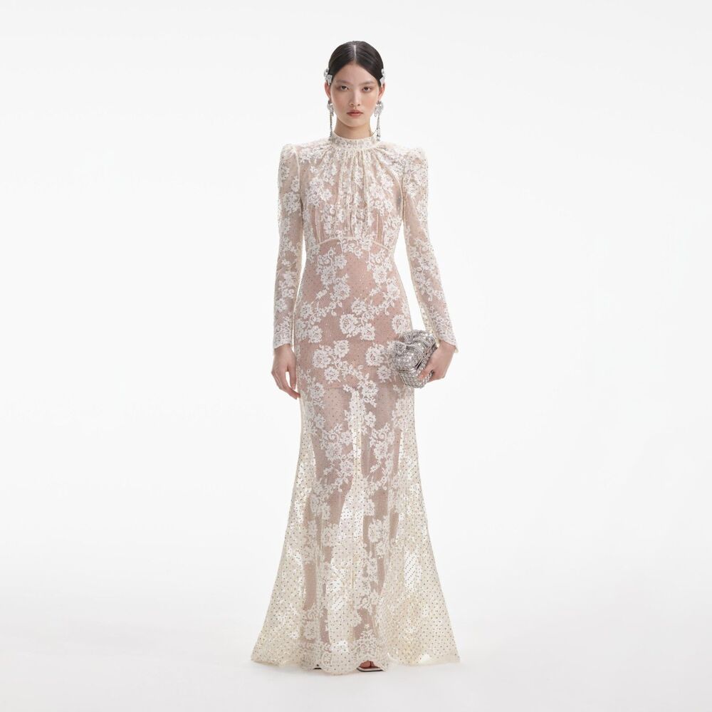 Self-Portrait White Rhinestone Lace Maxi Wedding Bridal Dress Cream Ivory Sz 0